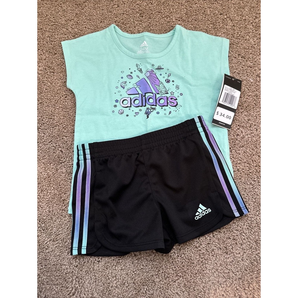 Adidas 2 Piece Set Girls 24 Months Shorts T Shirt Green Purple Black